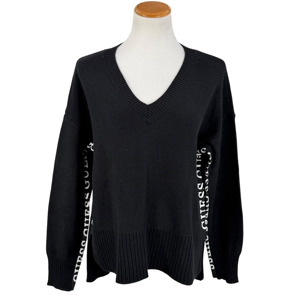 Guess Black V-Neck Logo Knit Sweater XL| Mob Wife Old Money Peppy 90s Minimalist - Picture 2 of 13